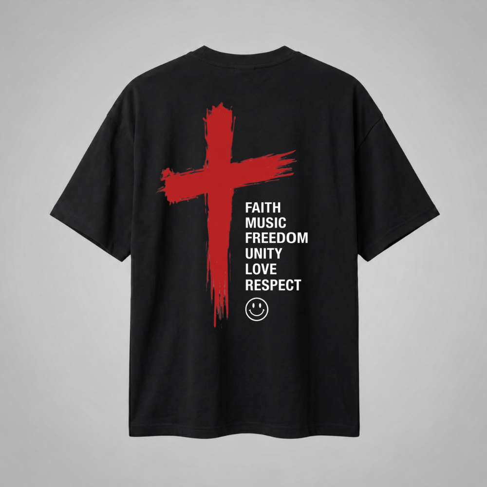 Oversize Premium T-Shirt Faith Music Freedom - Siyah
